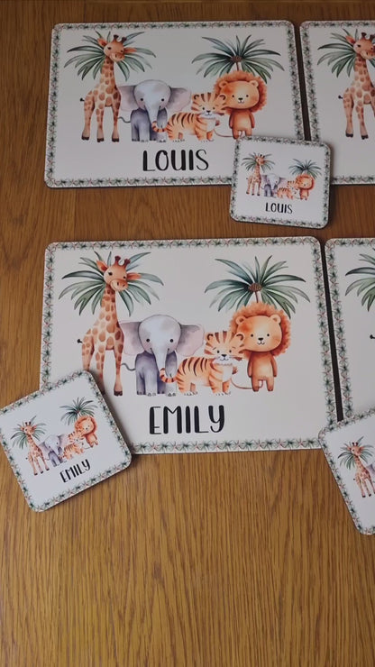 Personalised Safari Placemat and Coaster Set, Kid's Dinner Set, Safari gift, Children's Birthday Gift, Safari Placemat