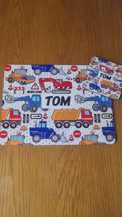 Personalised Trucks Placemat and Coaster Set, Kid's Dinner Set, Trucks gift, Children's Birthday Gift, Trucks Placemat