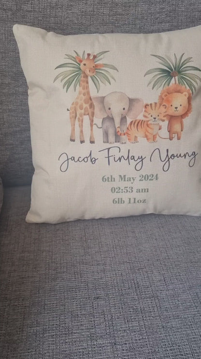 Personalised New Baby Cushion - Safari Nursery Cushion - Personalised Baby Cushion - Jungle