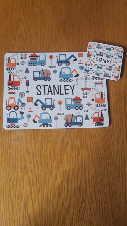 Personalised Diggers Placemat and Coaster Set, Kid's Dinner Set, Diggers gift, Children's Birthday Gift, Diggers Placemat