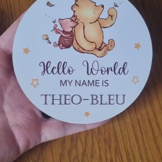 New baby arrival disc Hello World My Name is, New Baby Coasters - Winnie the pooh