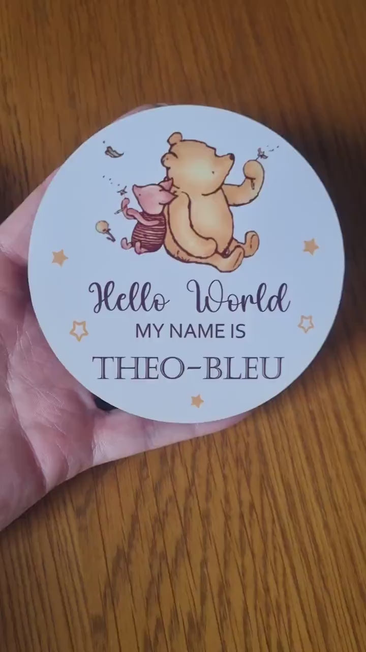 New baby arrival disc Hello World My Name is, New Baby Coasters - Winnie the pooh