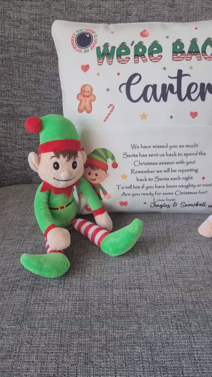 Personalised Naughty Elf is Back Cushion, Elf I'm Back Cushion, We're Back Christmas Pocket Cushion