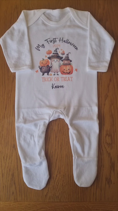 Personalised My First Halloween Baby Outfit Personalised First Halloween Sleepsuit or Vest - Trick or Treat