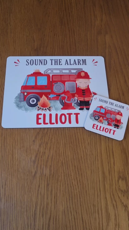 Personalised Fire Engine Placemat and Coaster Set, Kid's Dinner Set, Fire Engine gift, Children's Birthday Gift, Fire Engine Placemat