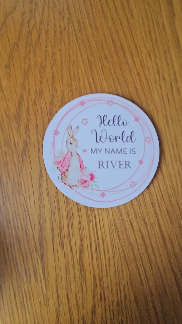 Peter Rabbit New baby arrival disc plaque Hello World My Name is, New Baby Coasters