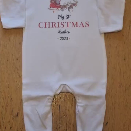 Personalised First Christmas Baby Rompersuit- My First Christmas Sleepsuit - 1st Xmas Santa Sleigh