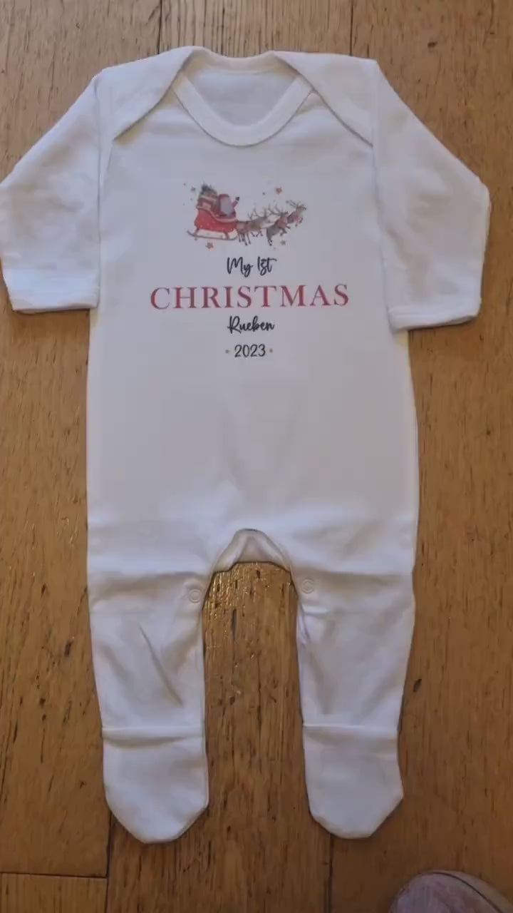 Personalised First Christmas Baby Rompersuit- My First Christmas Sleepsuit - 1st Xmas Santa Sleigh