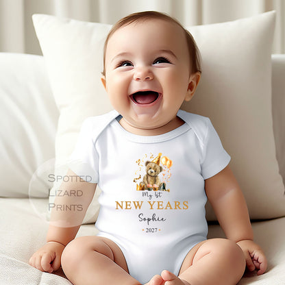 Personalised First New Years Eve Baby Outfit- My First New Years Eve Sleepsuit or Vest - 1st New Year Teddy
