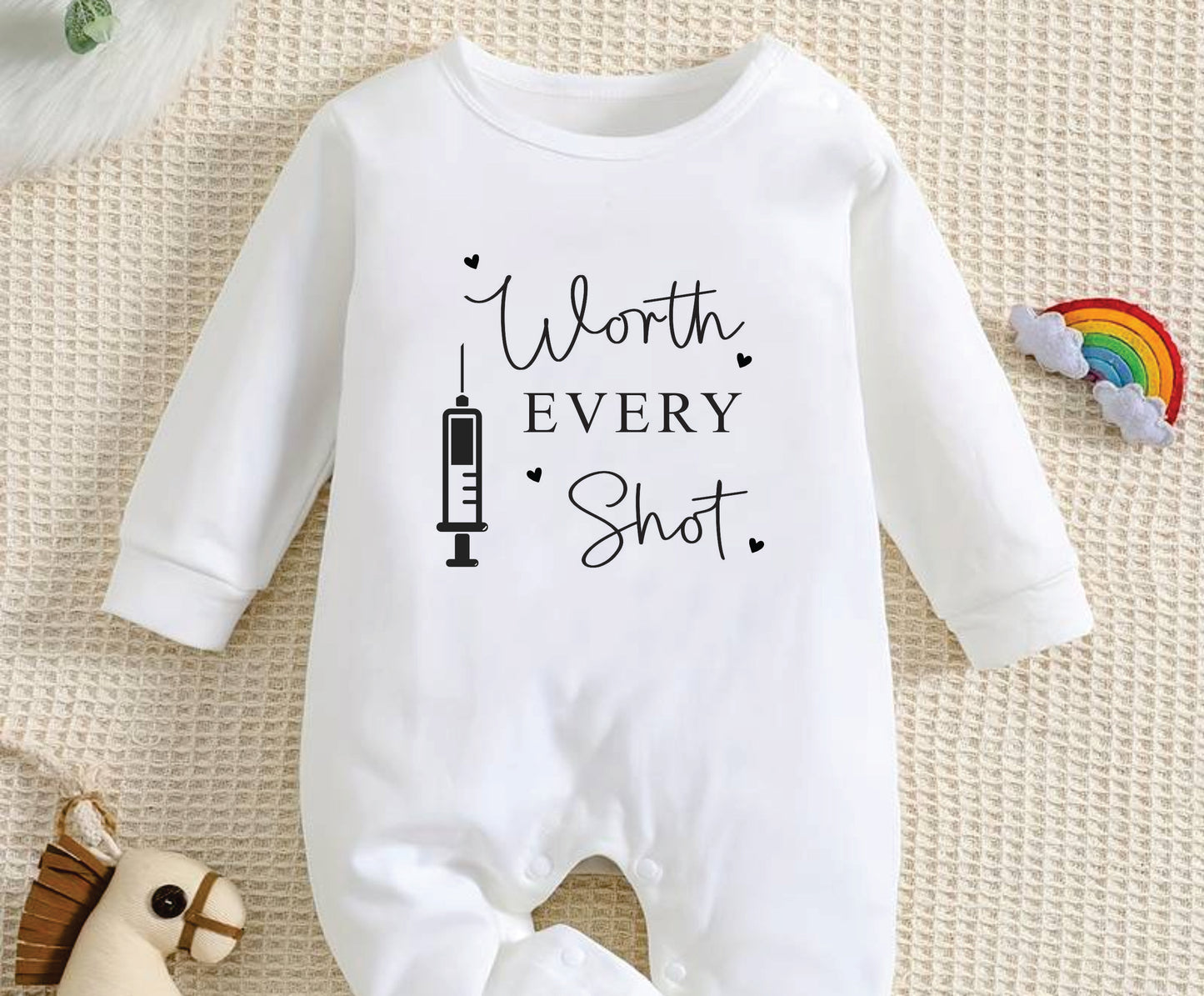 Worth every shot IVF baby romper pregnancy announcement