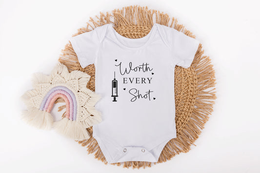 Worth every shot IVF baby vest pregnancy announcement