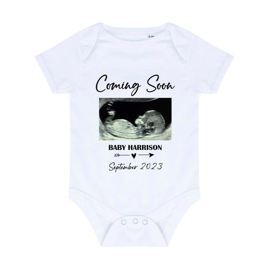 Coming Soon pregnancy announcement baby reveal Baby Vest - Scan Photo Vest - baby shower gift, baby announcement outfit