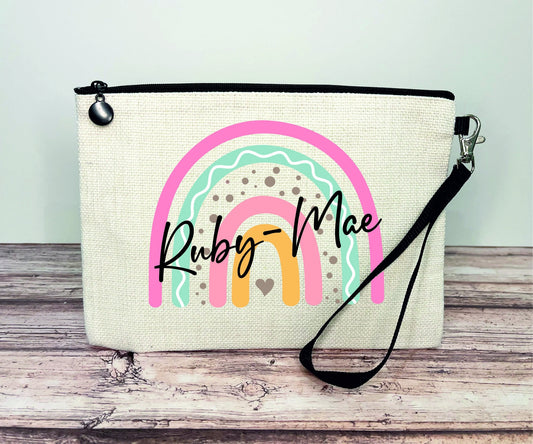 Personalised Girls Rainbow Pencil Case, Make up Bag, School Kids Linen