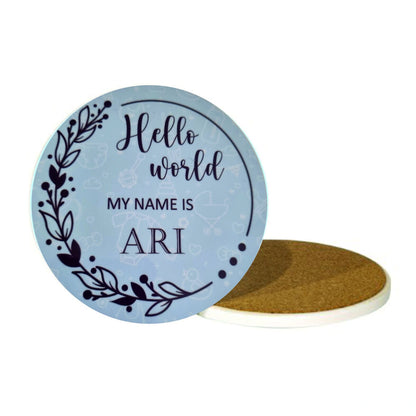 New baby arrival disc Hello World My Name is, New Baby Coasters