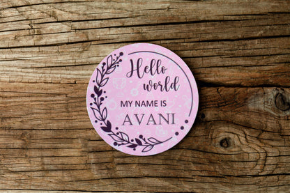 New baby arrival disc Hello World My Name is, New Baby Coasters