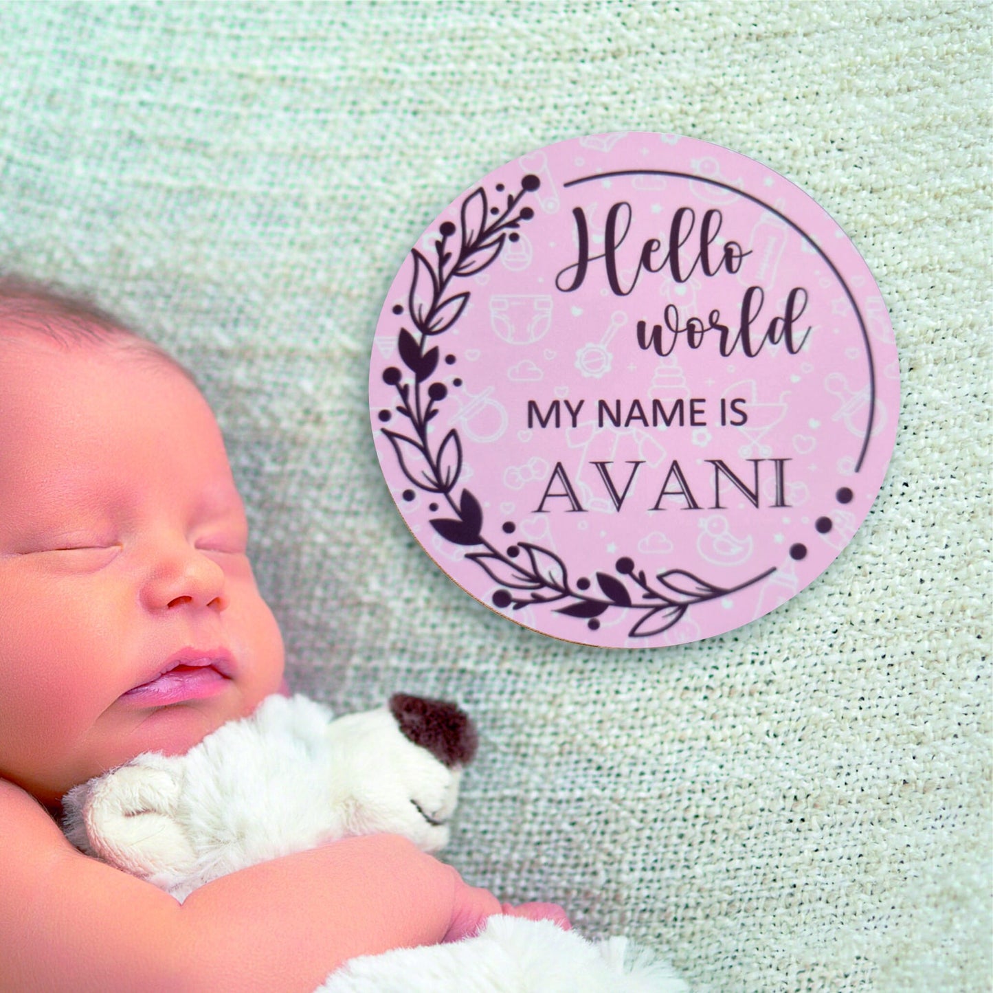 New baby arrival disc Hello World My Name is, New Baby Coasters