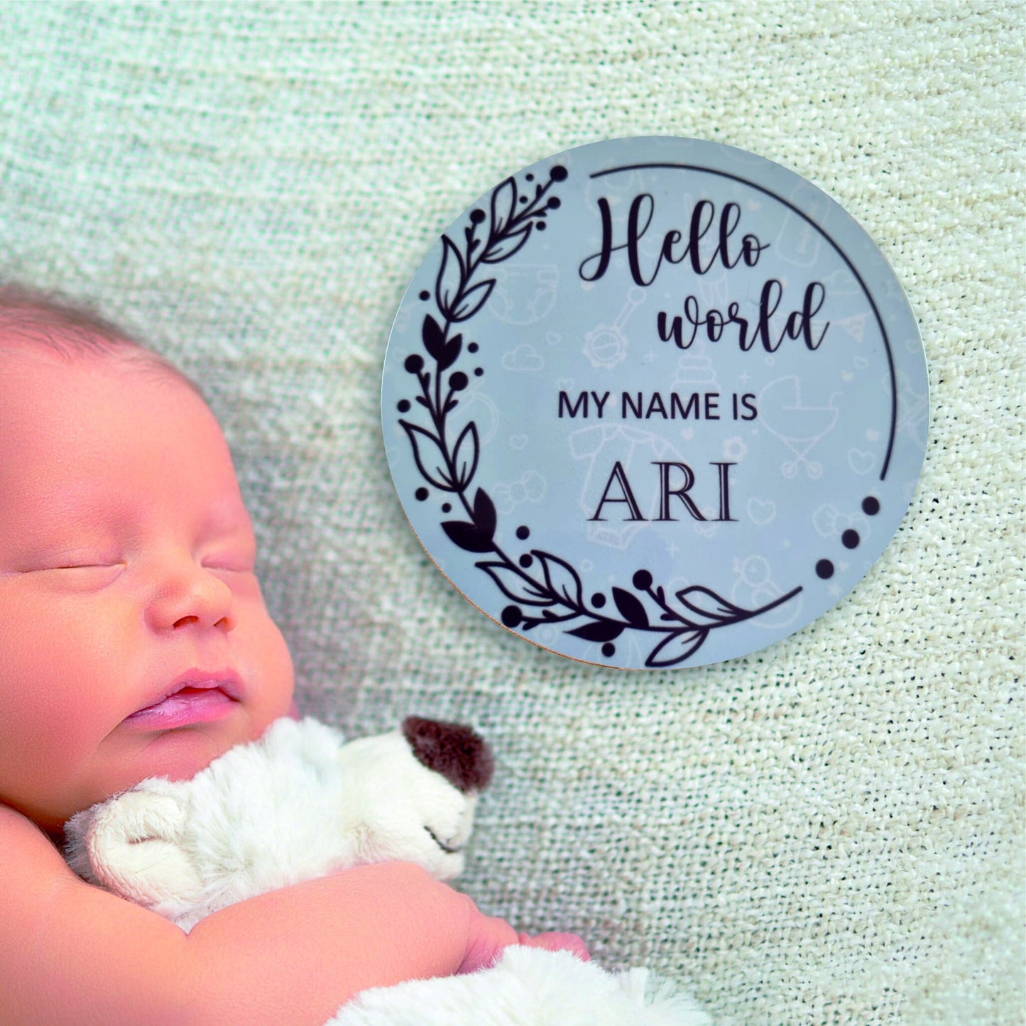 New baby arrival disc Hello World My Name is, New Baby Coasters