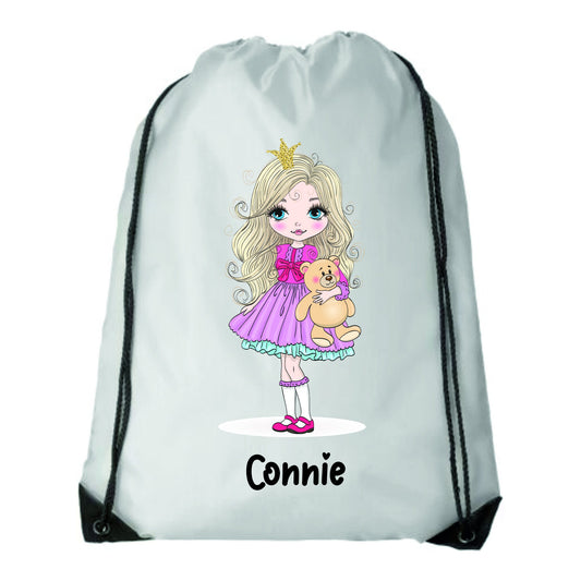 Personalised Cute Little Girl Teddy bear Drawstring Kids Bag school bag, PE Bag, Swimming Bag