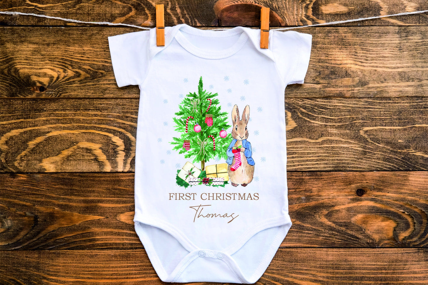 Personalised Peter Rabbit 1st Christmas Baby Vest - Baby Rompersuit- T-shirt My First Christmas