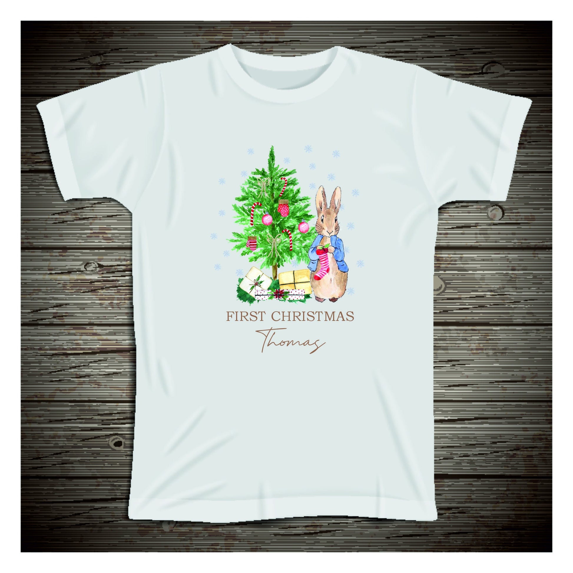 Personalised Peter Rabbit 1st Christmas Baby Vest - Baby Rompersuit- T-shirt My First Christmas