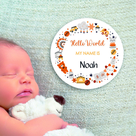 New baby arrival disc plaque Hello World My Name is, New Baby Coasters