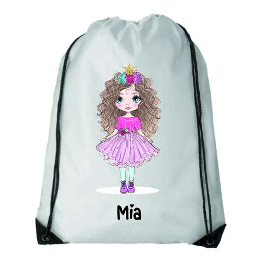 Personalised Cute Little Girl Drawstring Kids Bag school bag, PE Bag, Swimming Bag, Ballet