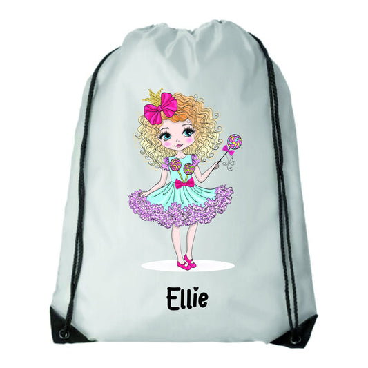 Personalised Cute Little Girl Lollipop Drawstring Kids Bag school bag, PE Bag, Swimming Bag, Ballet