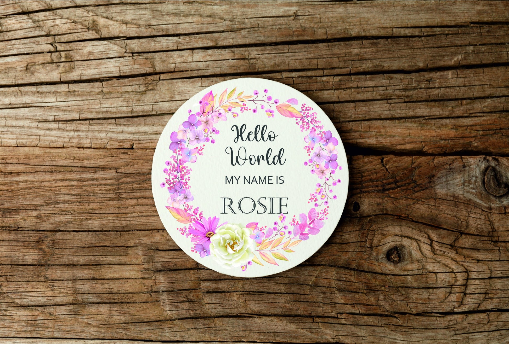 New baby arrival disc plaque Hello World My Name is, New Baby Coasters