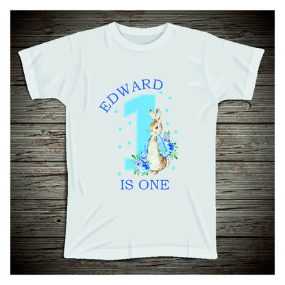 Personalised Peter Rabbit 1st Birthday T-shirt Little Boy Blue - One Today