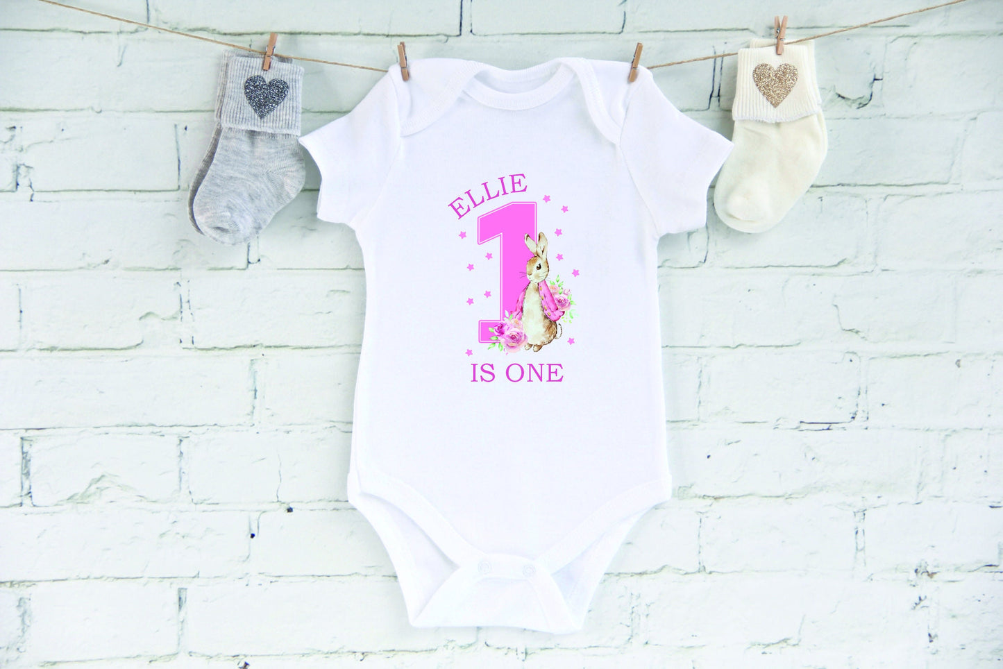 Personalised Peter Rabbit 1st Birthday T-shirt Little Girl Pink - One Today