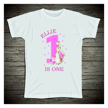 Personalised Peter Rabbit 1st Birthday T-shirt Little Girl Pink - One Today