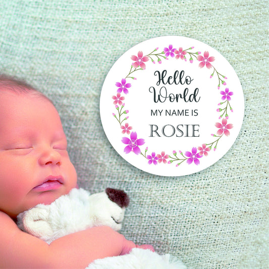 New baby arrival disc plaque Hello World My Name is, New Baby Coasters