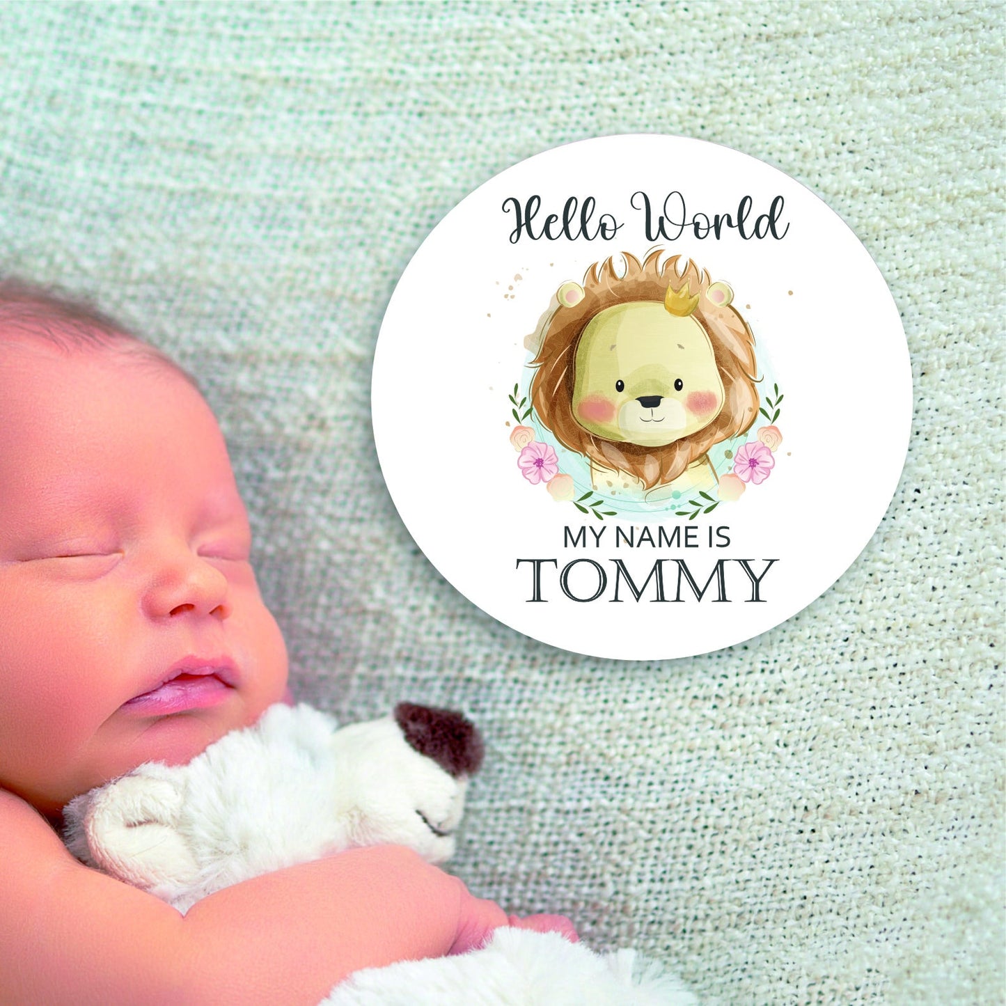 New baby arrival disc Hello World My Name is, New Baby Coasters - Cute Lion