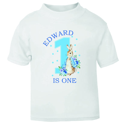 Personalised Peter Rabbit 1st Birthday T-shirt Little Boy Blue - One Today