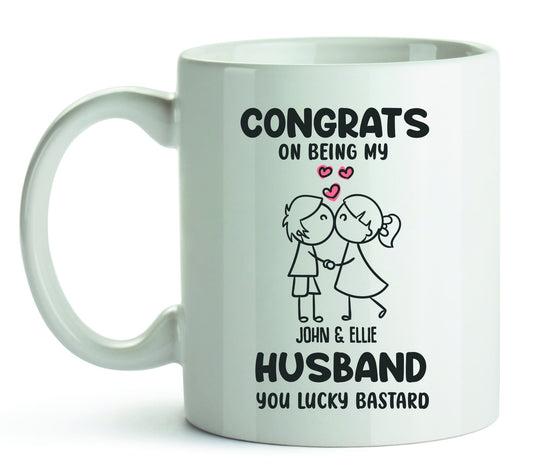 Personalised Congrats on Being my new Husband you lucky Bastard Mug | Mr and Mrs, Mr and Mr |Newlyweds Wedding Day Gifts