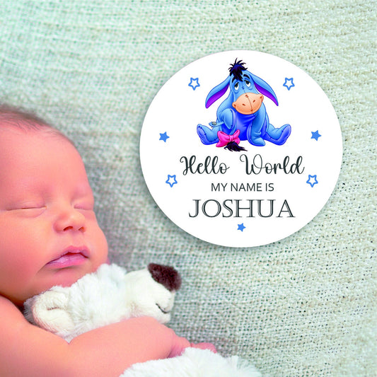 New baby arrival disc Hello World My Name is, New Baby Coasters - Eeyore