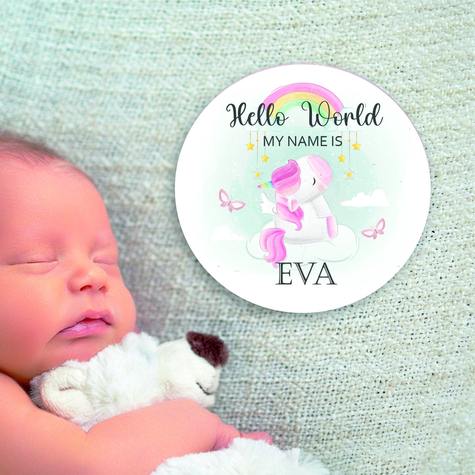 New baby arrival disc Hello World My Name is, New Baby Coasters - Rainbow Unicorn