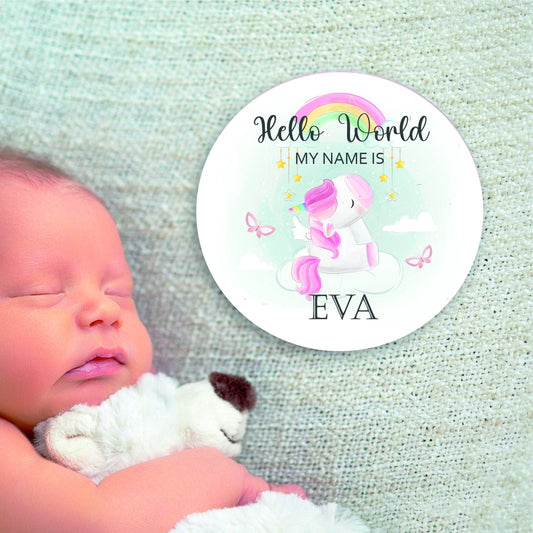 New baby arrival disc Hello World My Name is, New Baby Coasters - Rainbow Unicorn