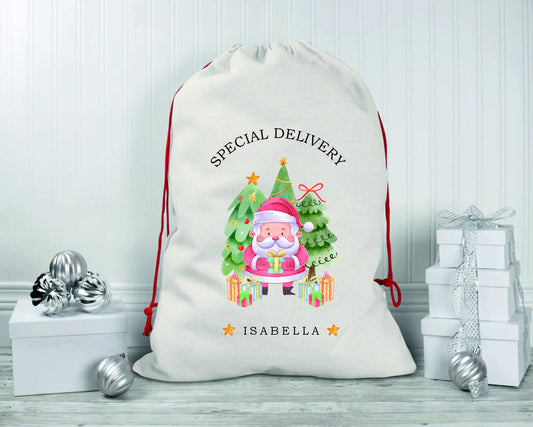 Personalised Cute Santa Children's Santa Sacks | Linen Kids Stockings , Christmas Eve Sack