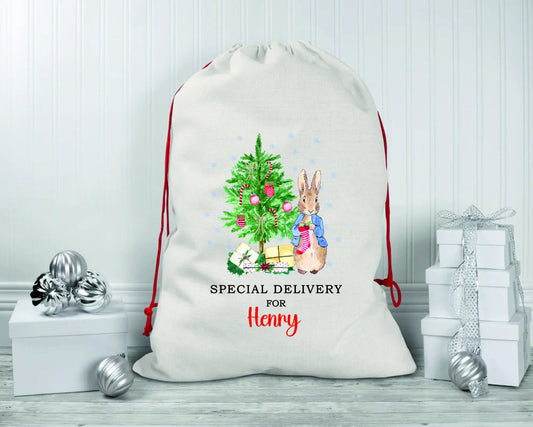 Personalised Peter Rabbit Santa Sacks | Linen Kids Stockings, Girls/Boys Xmas Gift Bag / Xmas Gift Bag / Post / Christmas Eve sack