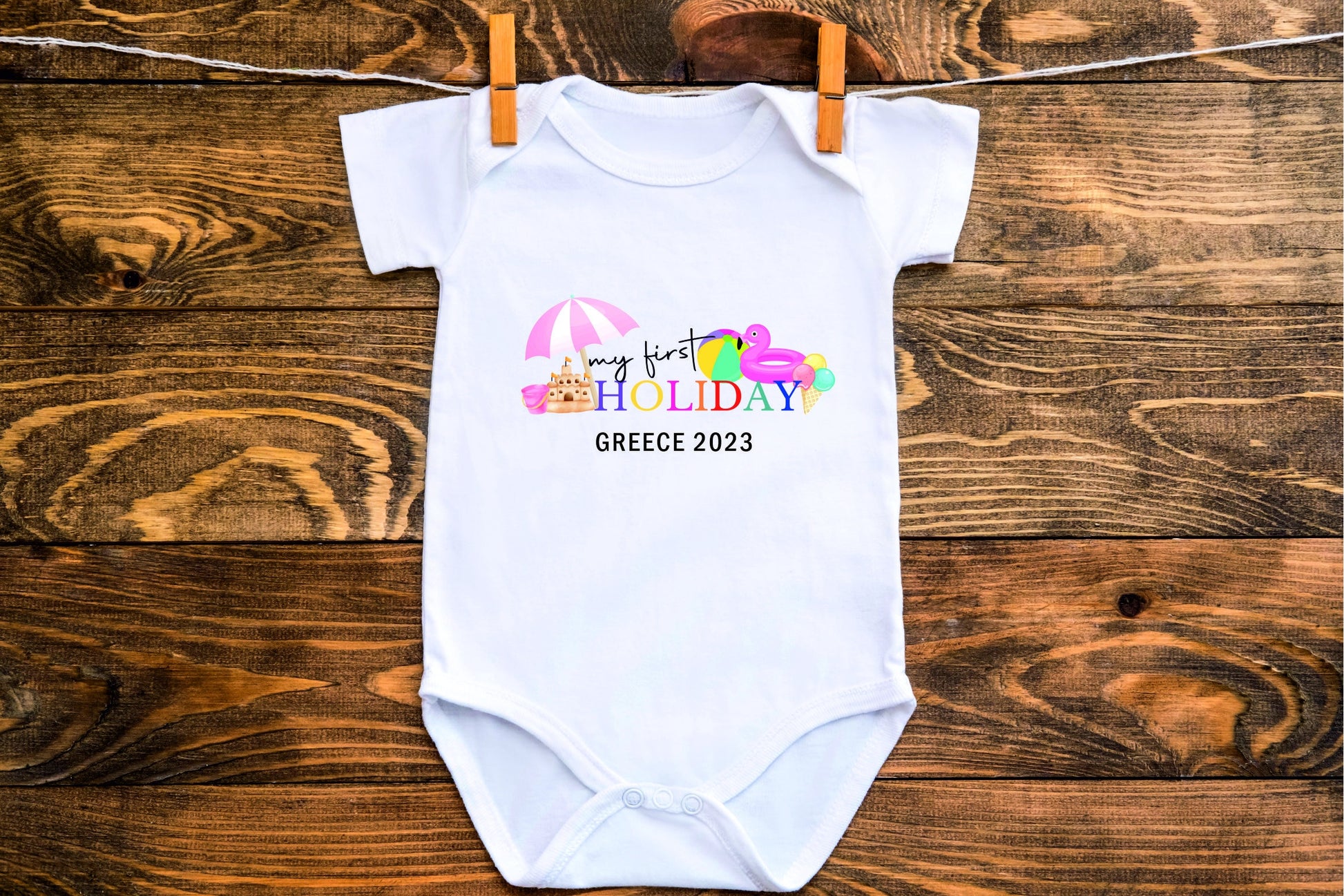 Personalised My First Holiday Kids T-Shirt, Baby Girl 1st Holiday Vest Rompersuit Vacation Kids T-shirt, Baby Grow, Rompersuit