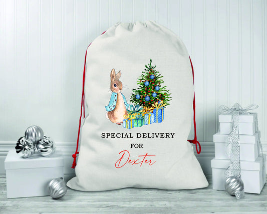 Personalised Peter Rabbit Santa Sacks | Linen Kids Stockings, Girls/Boys Xmas Gift Bag / Xmas Gift Bag / Post / Christmas Eve sack