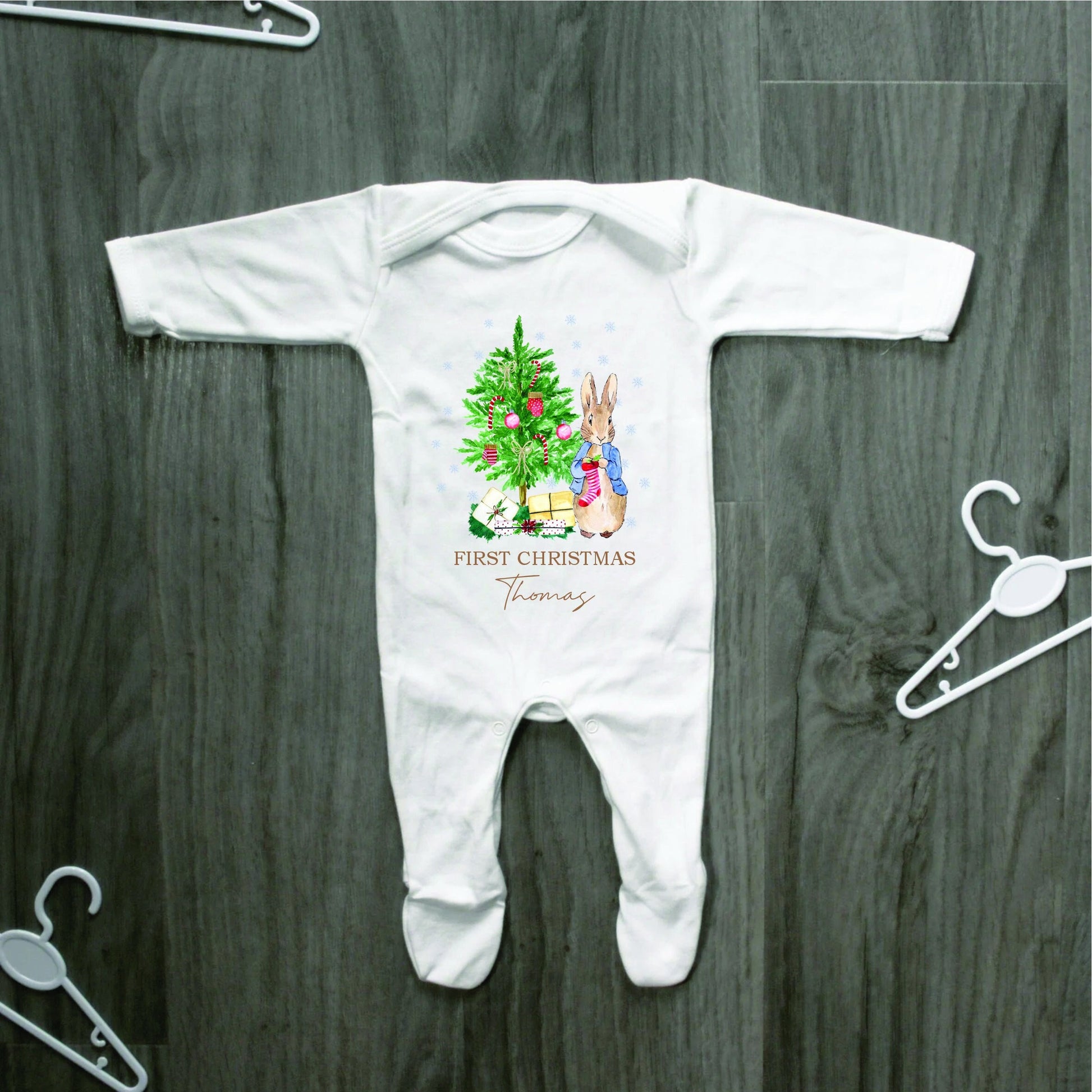 Personalised Peter Rabbit 1st Christmas Baby Vest - Baby Rompersuit- T-shirt My First Christmas