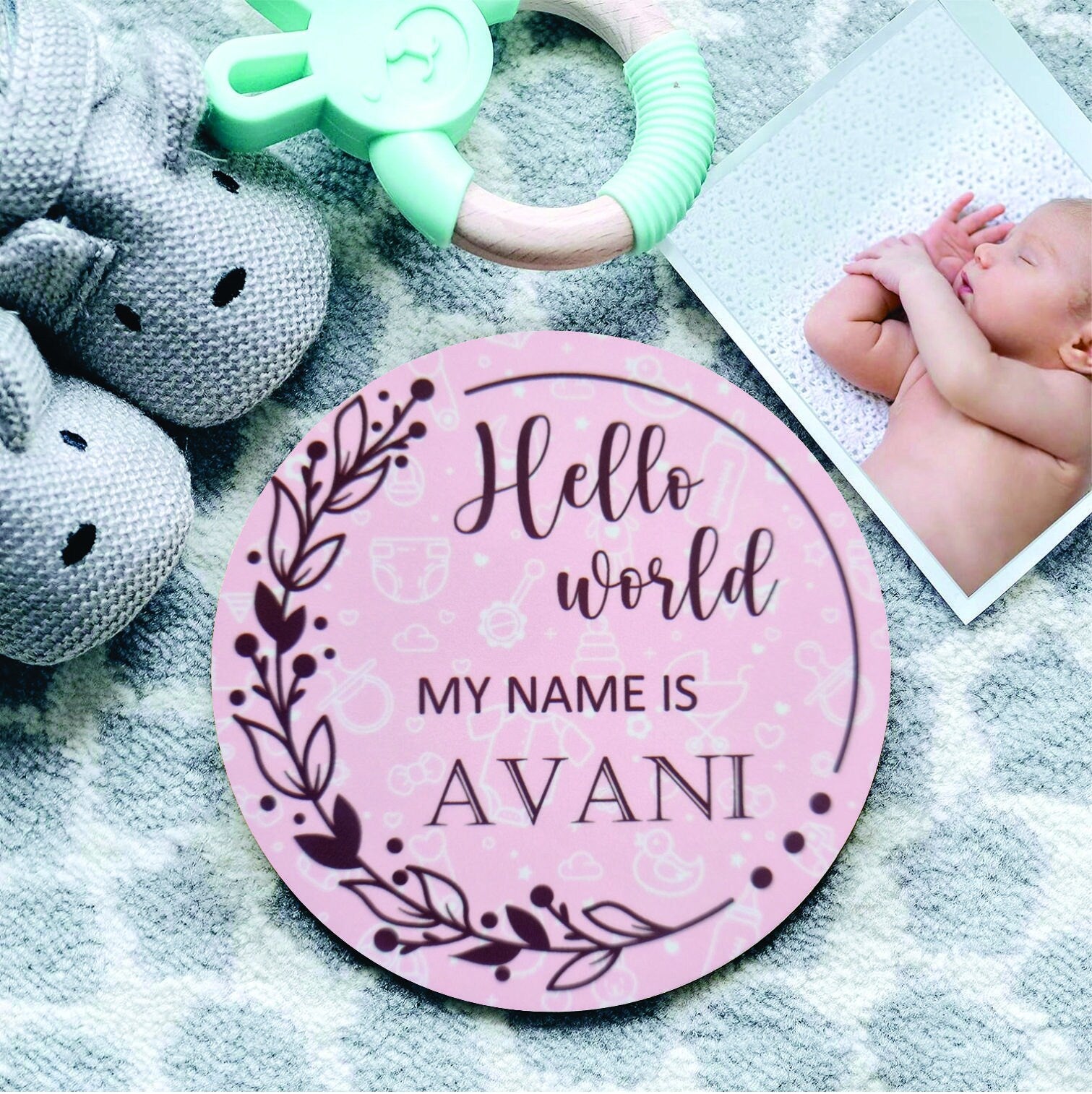 New baby arrival disc Hello World My Name is, New Baby Coasters