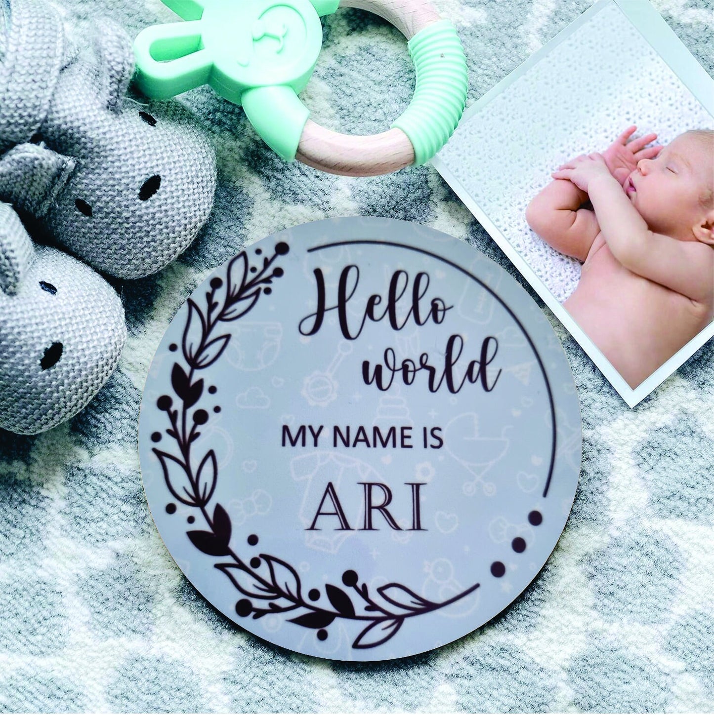 New baby arrival disc Hello World My Name is, New Baby Coasters