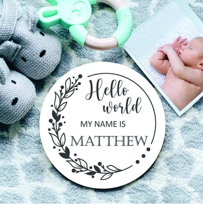 New baby arrival disc Hello World My Name is, New Baby Coasters