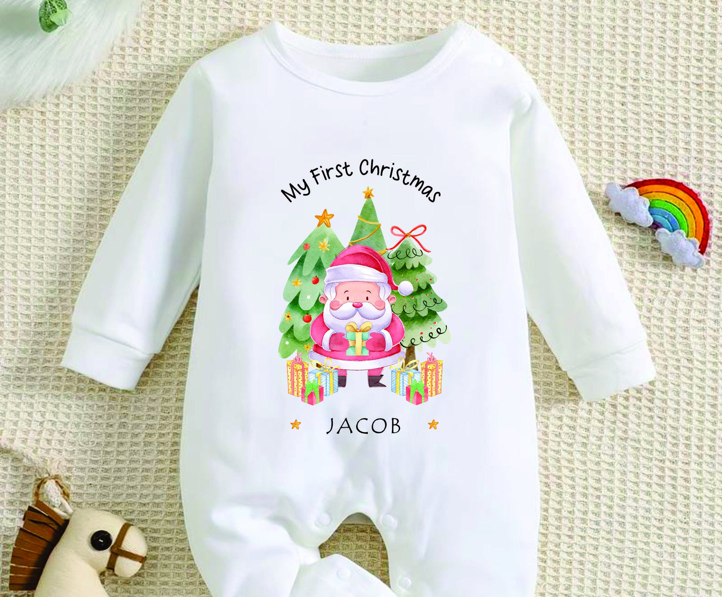 Personalised First Christmas Baby Rompersuit- My First Christmas Sleepsuit - 1st Xmas Santa Claus