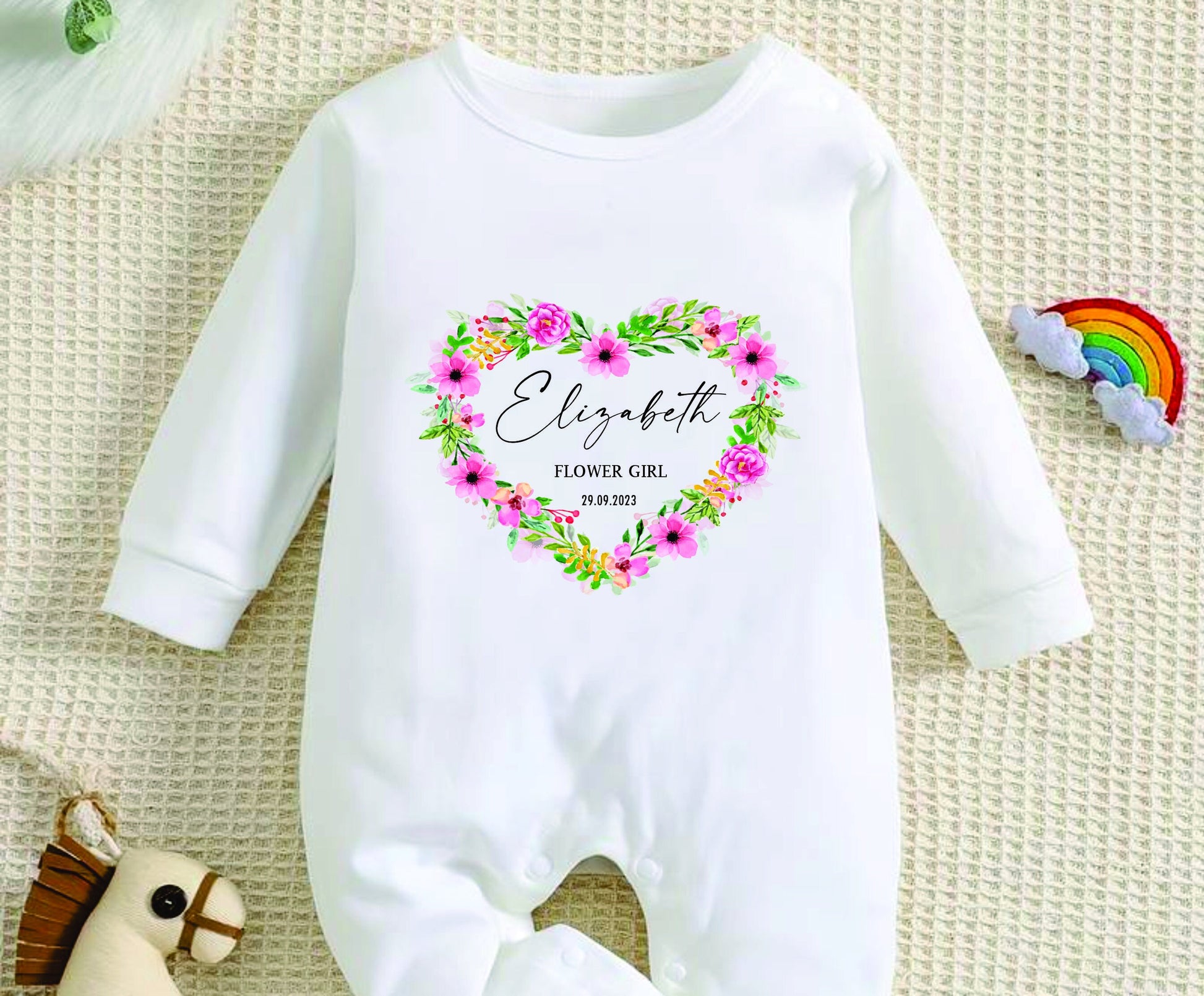 Personalised Flower Girl Baby Rompersuit/Sleepsuit/Bodysuit - Thank you, Wedding Gift, Flower Girl Gift