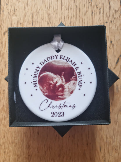 Personalised Bump First Christmas Bauble, Scan Photo Gift, Baby Announcement, Coming Soon, First Christmas, - Christmas Ornament