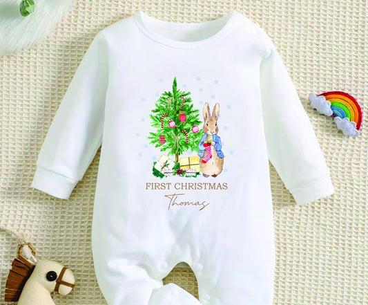 Personalised Peter Rabbit 1st Christmas Baby Vest - Baby Rompersuit- T-shirt My First Christmas